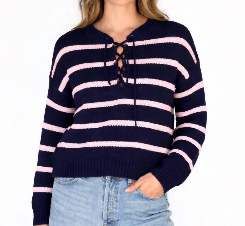 NEW ARCHER CASHMERE camden lace up crew top in navy